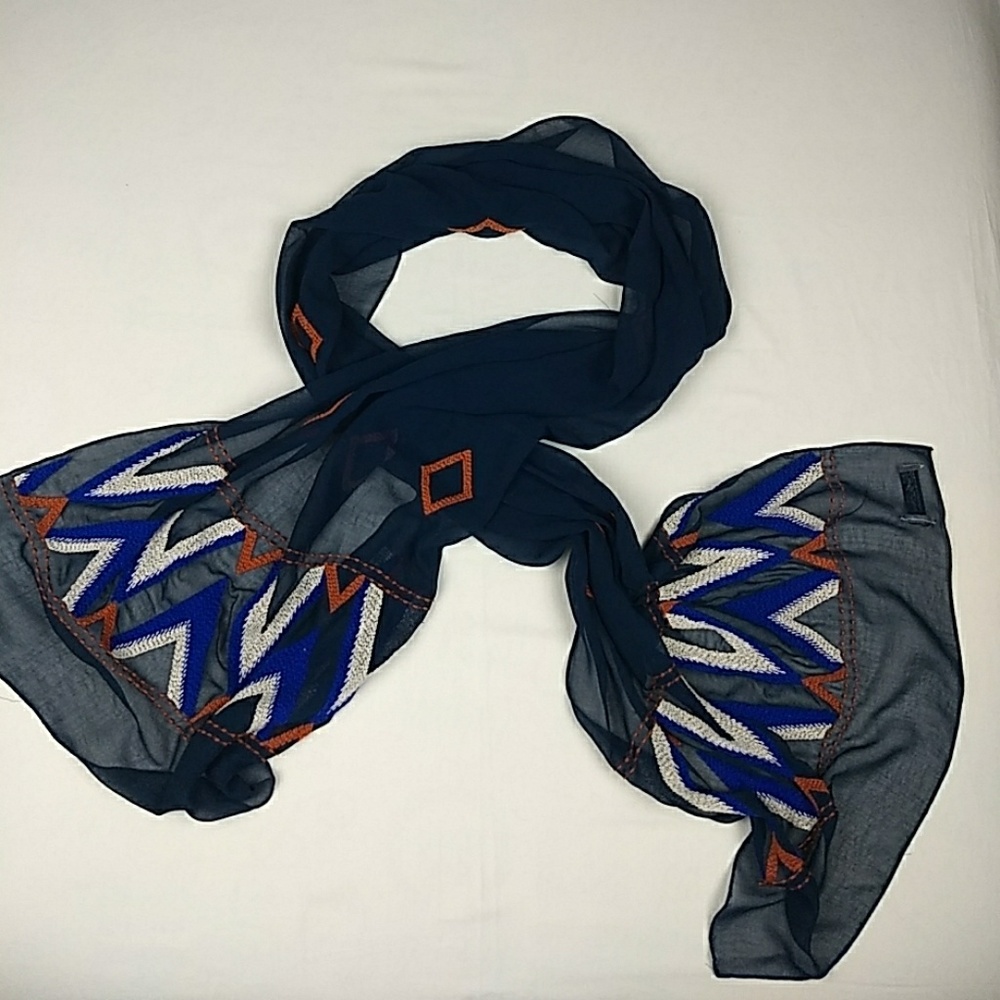 Lucky Brand Navy Scarf with Blue White and Orange Embroidery